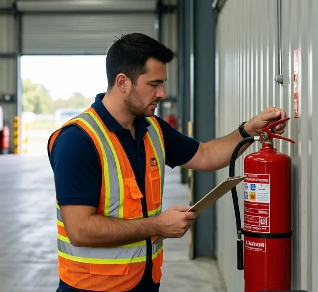 Sentinel technician inspecting a fire extinguisher on site