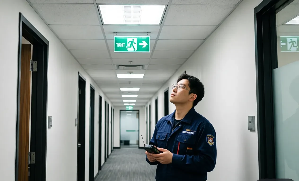 Gloved hand inspecting a fire extinguisher