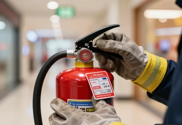 Close-up of a gloved technician inspecting a fire extinguisher